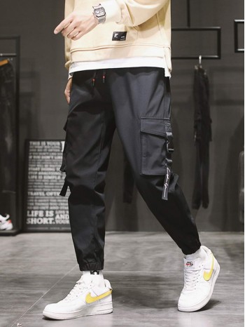 Men Flap Pocket Drawstring Waist Cargo Pants