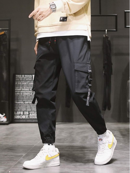 Men Flap Pocket Drawstring Waist Cargo Pants