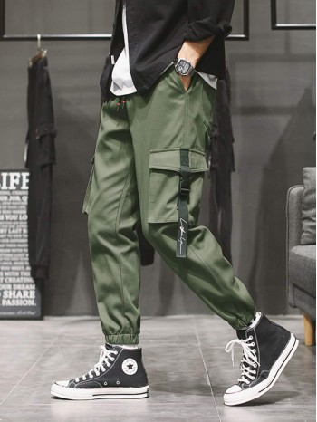 Men Flap Pocket Drawstring Waist Cargo Pants