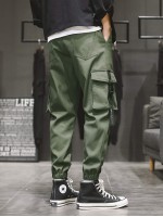 Men Flap Pocket Drawstring Waist Cargo Pants