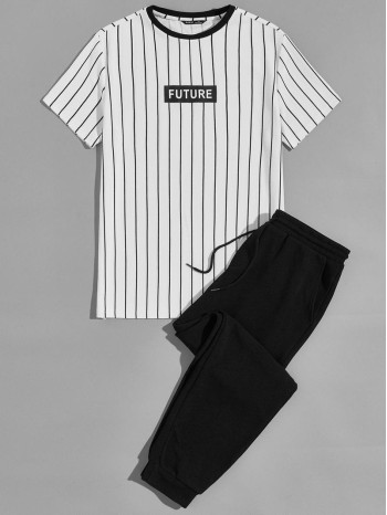 Men Letter Graphic Striped Tee & Sweatpants Set