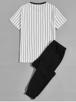 Men Letter Graphic Striped Tee & Sweatpants Set