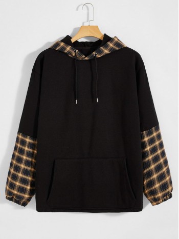 Men Contrast Plaid Drawstring Hoodie