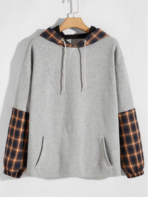 Men Contrast Plaid Drawstring Hoodie