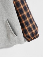 Men Contrast Plaid Drawstring Hoodie