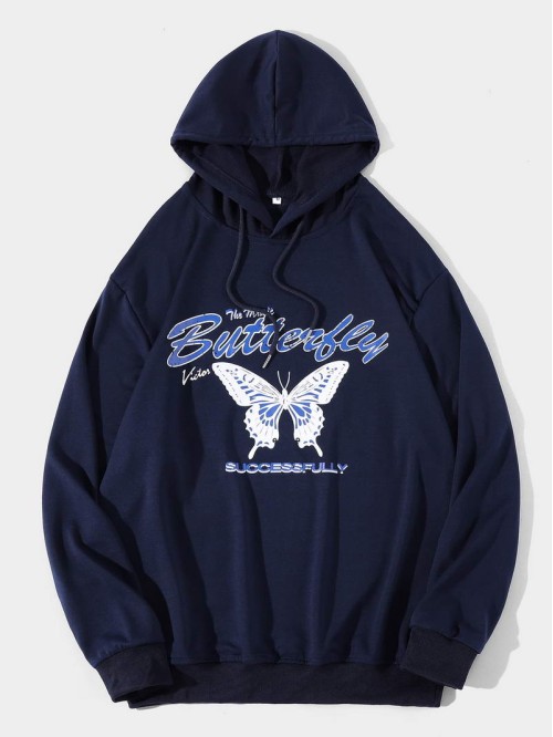 Men Butterfly & Letter Graphic Drawstring Hoodie