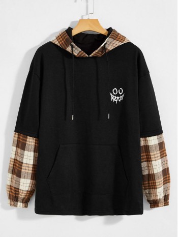 Men Contrast Tartan Drawstring Hoodie