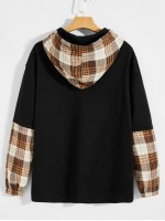 Men Contrast Tartan Drawstring Hoodie