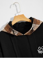 Men Contrast Tartan Drawstring Hoodie