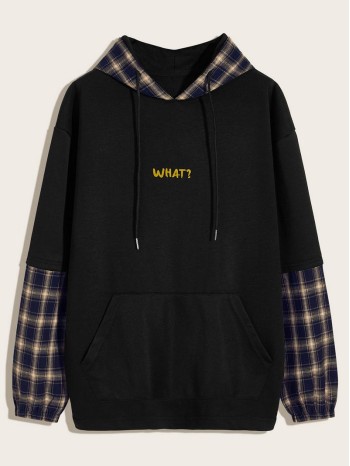 Men Tartan & Letter Graphic Drawstring Hoodie