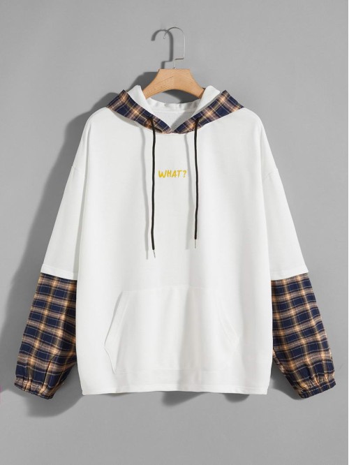 Men Tartan & Letter Graphic Drawstring Hoodie