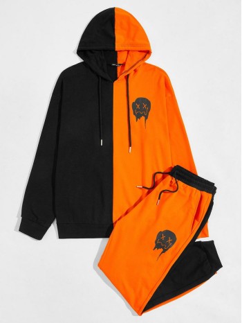 Men Cartoon Graphic Neon Orange Spliced Drawstring Hoodie & Joggers Set