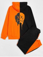 Men Cartoon Graphic Neon Orange Spliced Drawstring Hoodie & Joggers Set