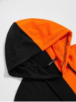 Men Cartoon Graphic Neon Orange Spliced Drawstring Hoodie & Joggers Set