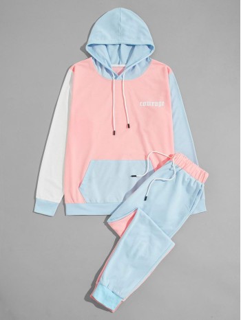 Men Color Block And Letter Graphic Hoodie With Sweatpants