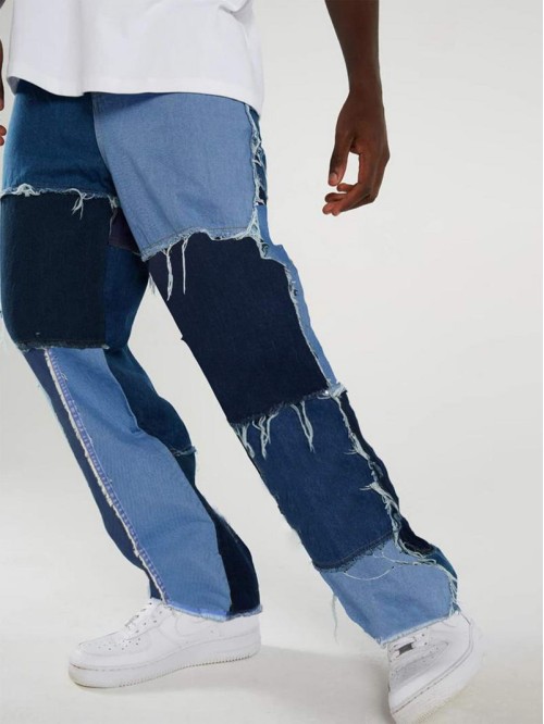 Men Cut And Sew Raw Trim Jeans