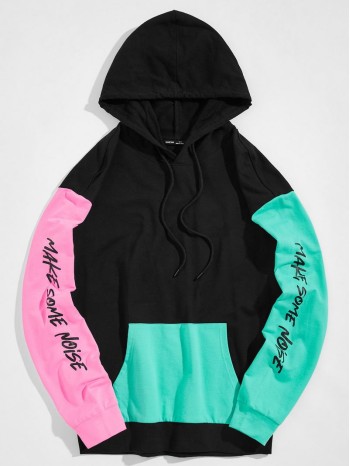 Men Slogan Graphic Color Block Drawstring Hoodie