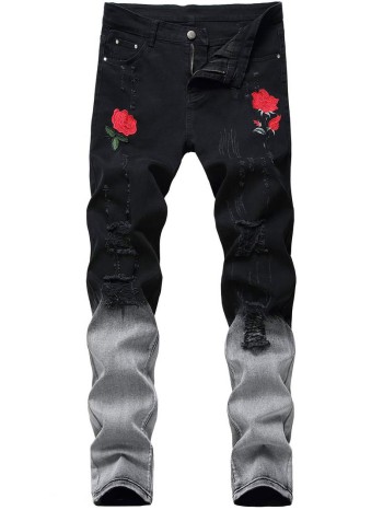 Men Floral Embroidery Ripped Skinny Jeans