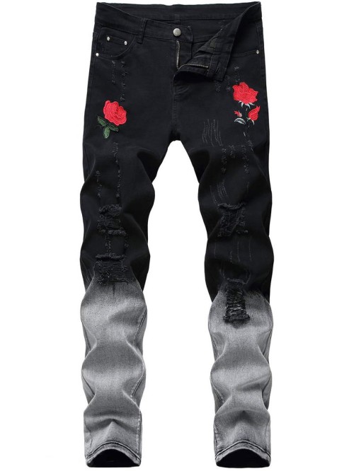 Men Floral Embroidery Ripped Skinny Jeans