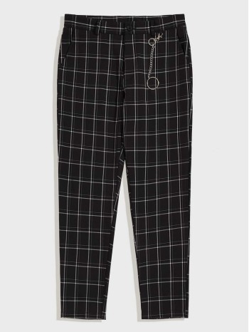 Men Slant Pocket Grid Pants With Chain