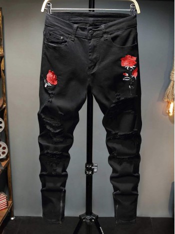 Men Rose Embroidery Distressed Tapered Jeans