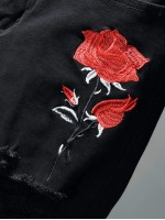 Men Rose Embroidery Distressed Tapered Jeans