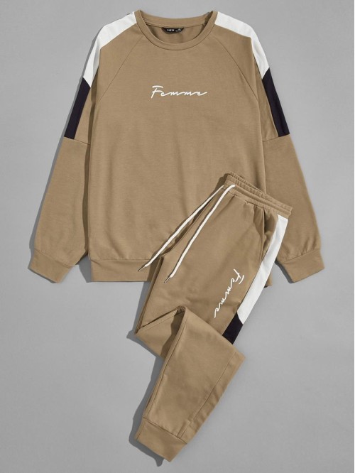 Men Contrast Sideseam Letter Pullover and Joggers Set