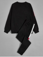 Men Contrast Sideseam Letter Pullover and Joggers Set