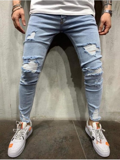 Men Button Fly Ripped Skinny Jeans