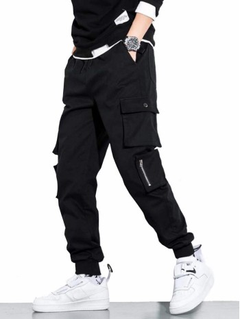 Men Solid Drawstring Cargo Pants