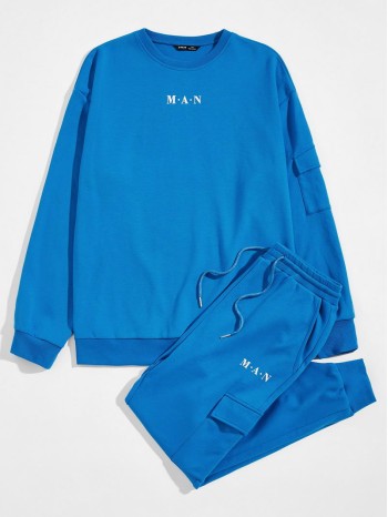 Men Letter Graphic Flap Pocket Side Pullover and Joggers Set