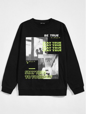 Men Figure & Slogan Graphic Pullover