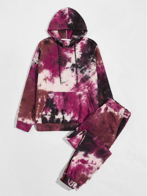 Men Tie Dye Kangaroo Pocket Drawstring Hoodie & Sweatpants