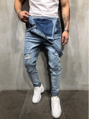 Men Ripped Solid Suspender Denim Jeans