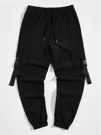 Men Drawstring Waist Buckle Strap Pocket Patched Pants