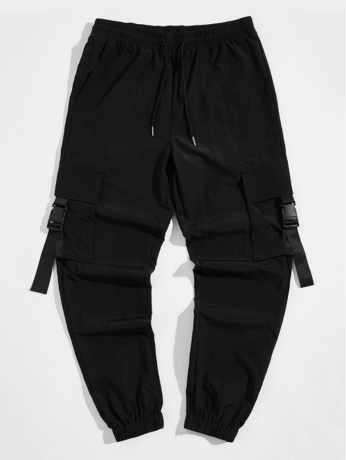 Men Drawstring Waist Buckle Strap Pocket Patched Pants