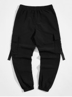 Men Drawstring Waist Buckle Strap Pocket Patched Pants