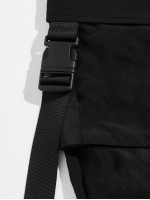 Men Drawstring Waist Buckle Strap Pocket Patched Pants