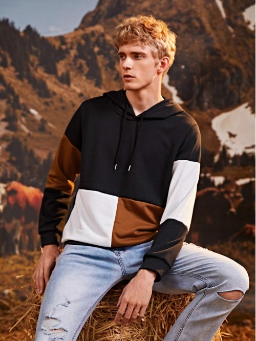 Men Colorblock Drawstring Hoodie