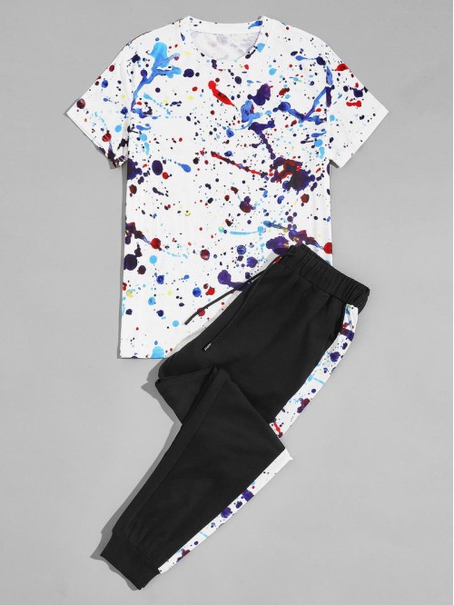 Men Paint Splatter Pattern Tee With Drawstring Joggers