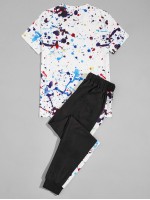 Men Paint Splatter Pattern Tee With Drawstring Joggers