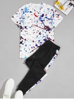 Men Paint Splatter Pattern Tee With Drawstring Joggers