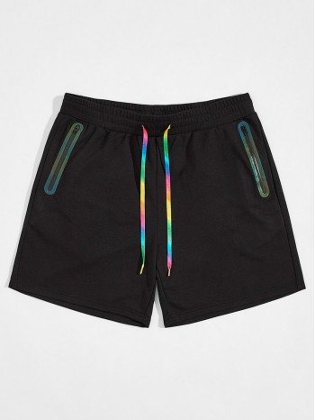 Men Colorful Drawstring Waist Zipper Pocket Track Shorts