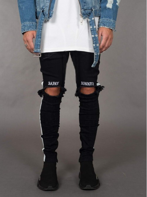 Men Letter Embroidery Contrast Panel Side Ripped Jeans