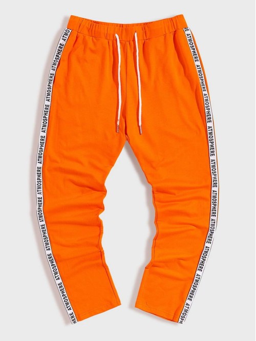 Men Neon Orange Drawstring Waist Letter Tape Sweatpants