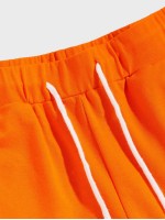 Men Neon Orange Drawstring Waist Letter Tape Sweatpants