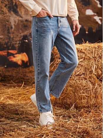 Men Slant Pocket Straight Leg Jeans