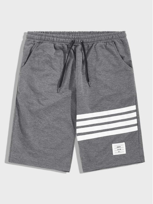 Men Letter Patched Striped Drawstring Athletic Shorts