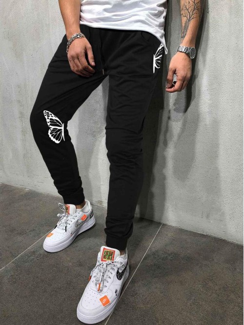 Men Butterfly Print Drawstring Sweatpants