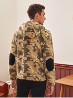 Men Contrast Elbow Patch Half Zipper Placket Camo Teddy Hoodie